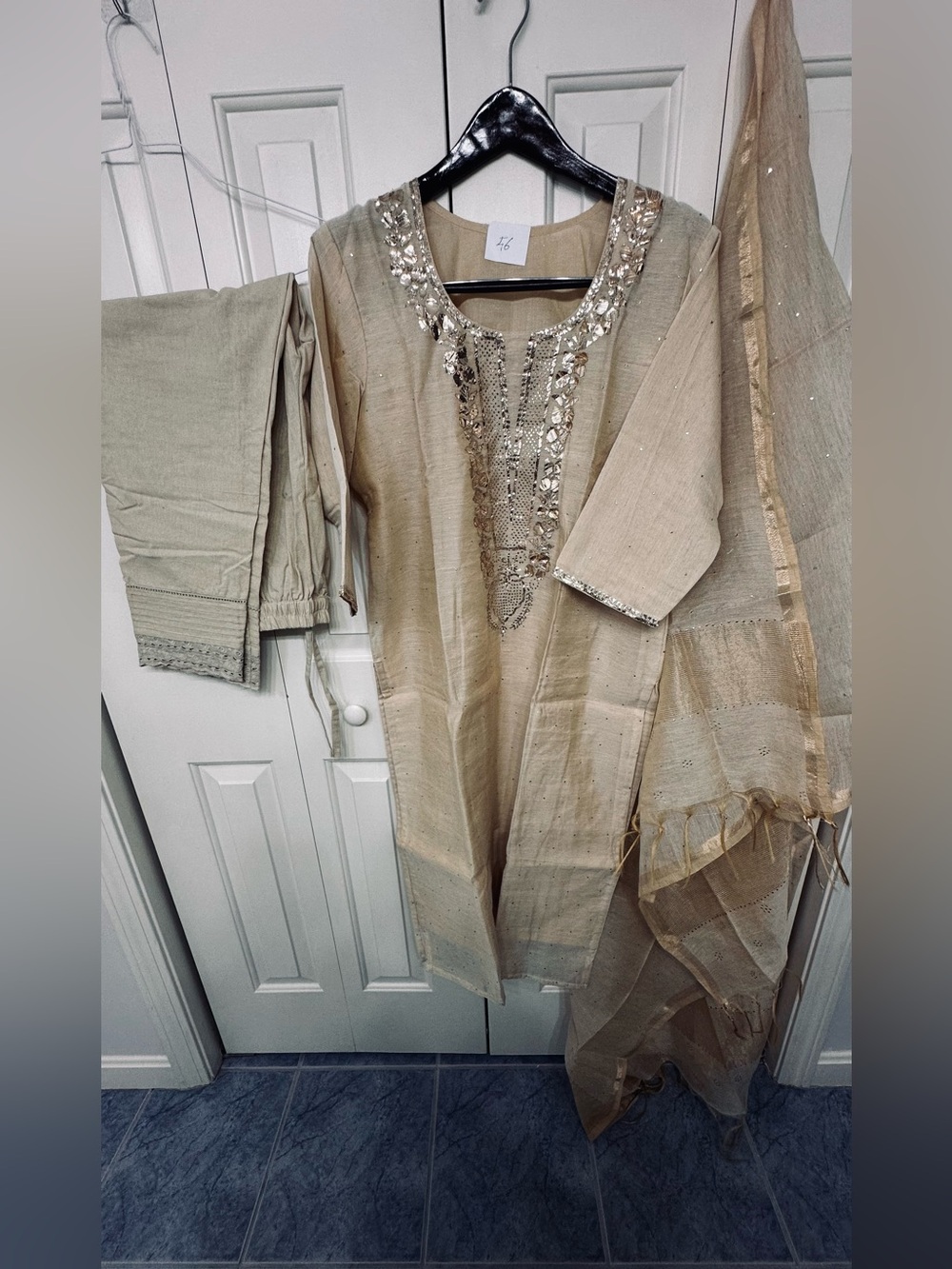 Embellished Beige/Gold Embroidered with Tilla and Mukesh work Salwaar Kameez 23”